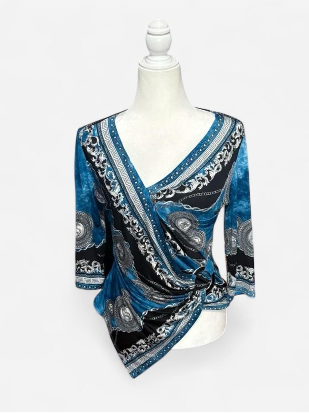 Wrap-Style Blue & Black Patterned V-Neck Top
